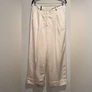 Peserico Italy Ivory Linen Blend Pleated Wide Leg Trousers Cuffed Hem Size 46